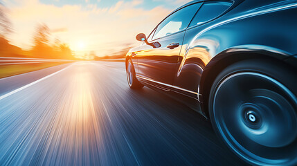 Close-up of a luxury car driving down the highway at high speed