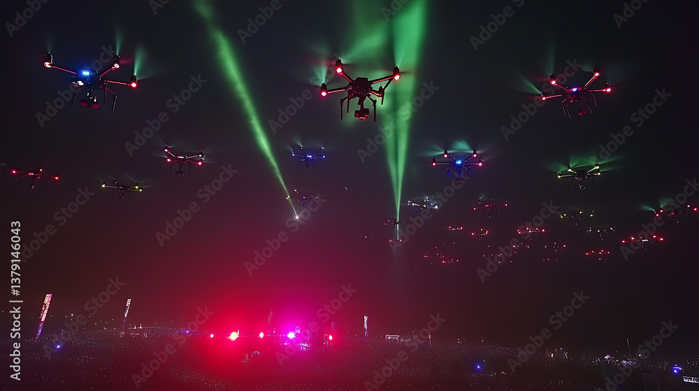 Poster mesmerizing drone show paints the night sky with synchronized lights and patterns, a symphony of tec