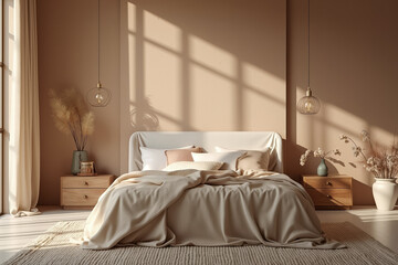 serene beige bedroom interior with soft linens and natural light