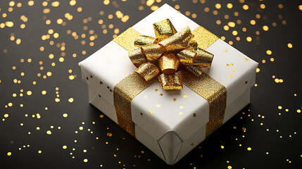 Luxury white gift box present wrapped with gold ribbon and golden glitter
