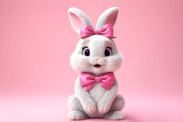 Obraz premium Adorable cartoon bunny with fluffy white fur and bright pink bow, displaying a joyful expression. Whiskers and big ears add charm to the sweet character. Vector illustration.