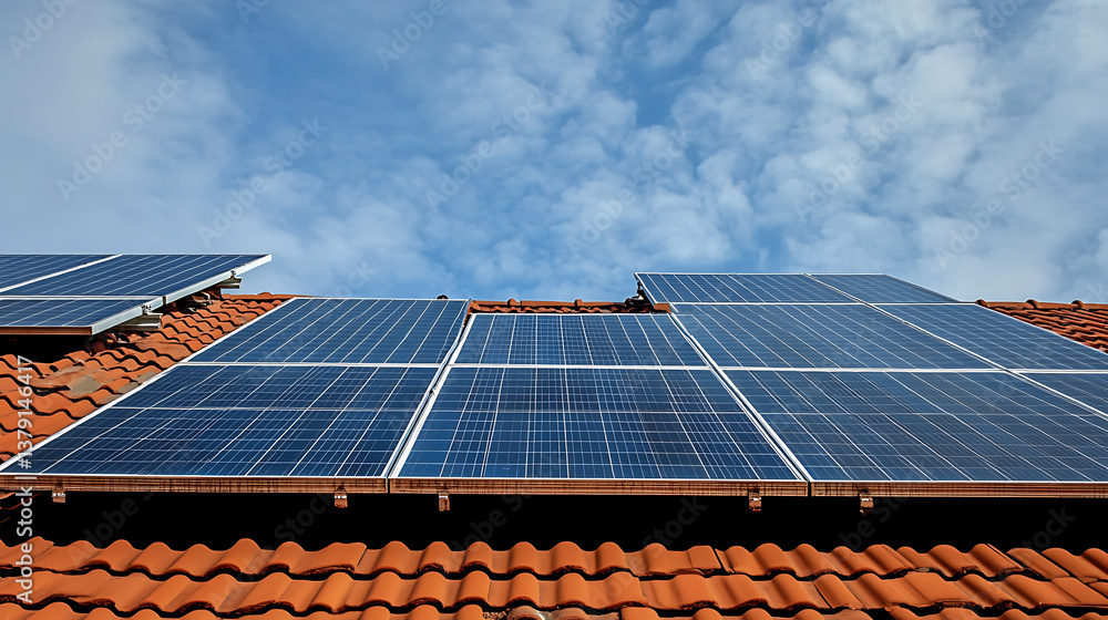 Poster close-up view of a building with solar panels installed on its roof is an example of the use of sust
