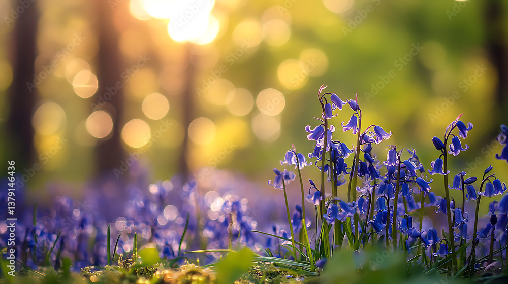 Poster close of bluebells flowers in the woods in spring, forest idyllic panoramic scene with bokeh backgro
