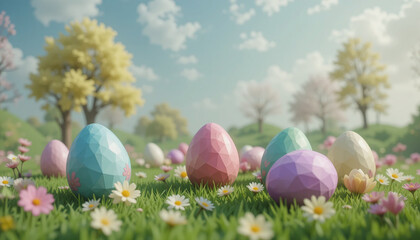 a scenic landscape with cherry blossoms and greenery, Easter eggs placed all over, Easter theme, low poly art