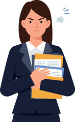 Professional woman in a suit looking frustrated while holding documents in flat vector art