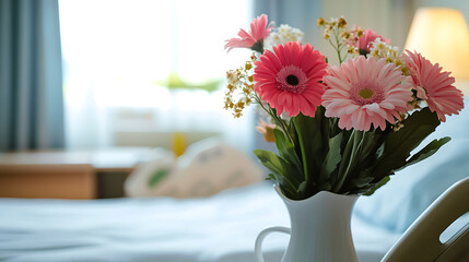 Close up flower vase near bed in hospital room