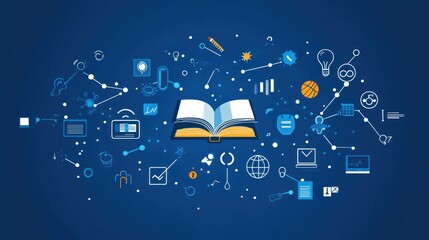 Open book surrounded by technology icons, abstract background, digital education concept