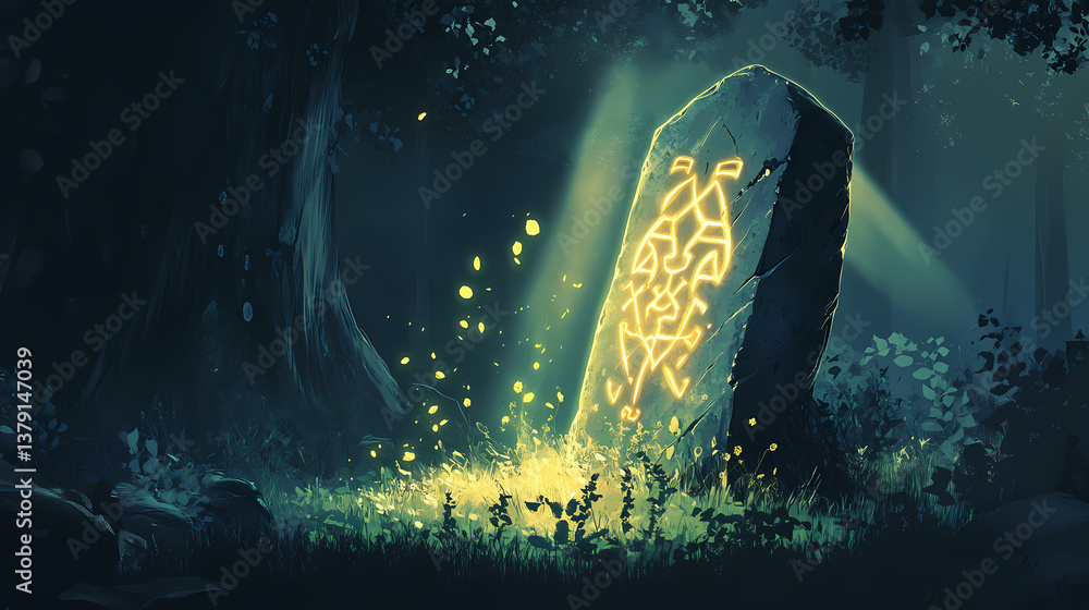 Canvas Prints a mysterious runestone glowing with ancient symbols in a dark forest, with light beam down. radiant 