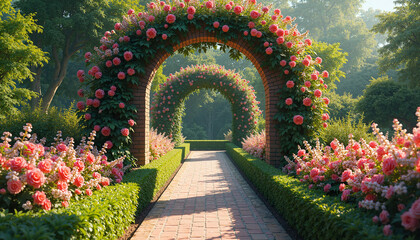 Fototapeta premium Floral archways in a blooming garden pathway, Flower beds in bloom