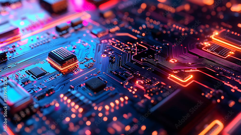 Poster Close up of a computer circuit board with neon lights