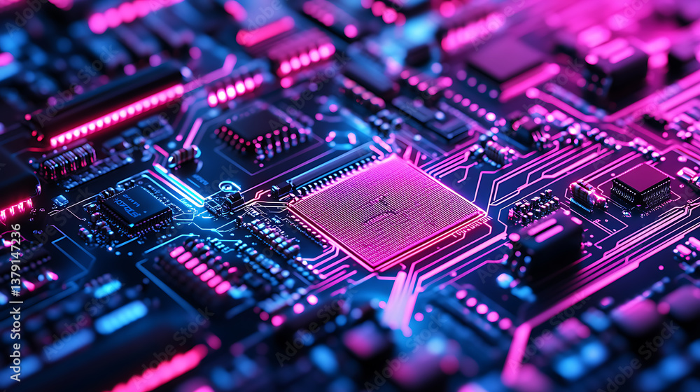 Poster Close up of a computer circuit board with neon lights