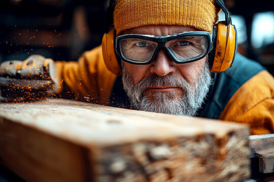 Focused carpenter wearing safety gear cutting thick wood slab with circular saw as sparks fly in woodworking workshop