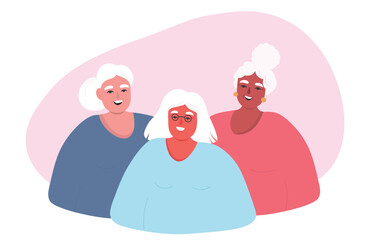 Group of elderly women friends are positive and cheerful. Old ladies laugh, enjoy life. Vector flat graphics.