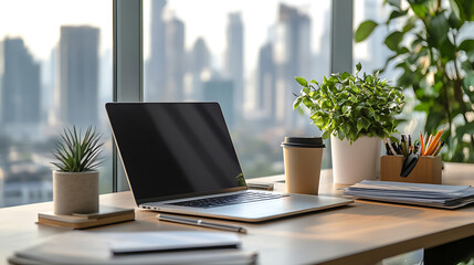 Close up of modern office desk with laptop, coffee cup, stationery and city view