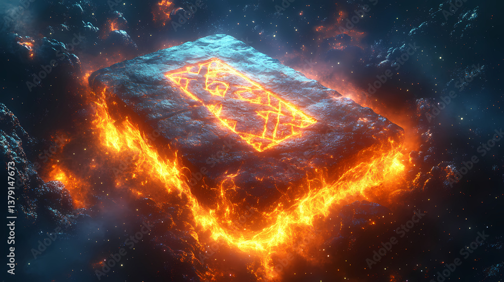 Canvas Prints fractal mysteries of ancient glowing rune stone illuminated in cosmic space. radiant runestone. illu