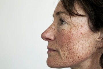 Obraz premium Close-up portrait of a woman with freckles looking thoughtful to the side