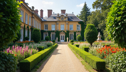 Fototapeta premium Elegant mansion surrounded by lush garden, Flower beds in bloom