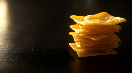 Multiple ravioli pieces stacked randomly, highlighting their golden tones and soft textures, on a smooth black surface.