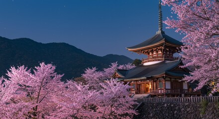Fototapeta premium Serene cherry blossoms framing a traditional Japanese temple at dusk, evoking tranquility and beauty with a backdrop of majestic mountains and a starry sky