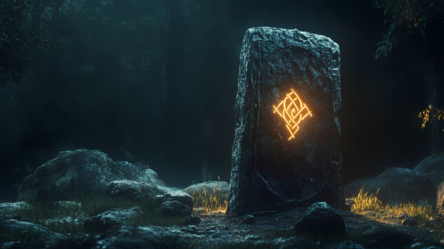 Glowing runestone with engraved symbol in dark fantasy setting. Radiant Runestone. Illustration