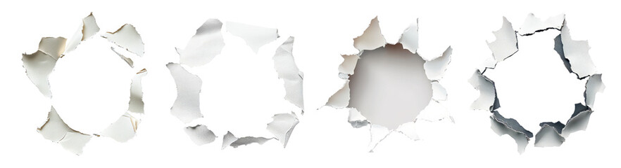 Naklejka premium Torn Paper Holes in White Background with Jagged Edges and Shadows, PNG bundle collection, Isolated on Transparent Background