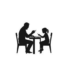 minimalist illustration a silhouette of a parent and child sitting together at a table with books and papers the parent offering supportive gestures clean line