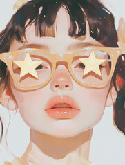 Blonde 30 year old beautiful woman wearing star-shaped sunglasses with light tint in style of anime and old camera movie