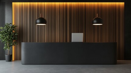 A front-facing view of a sleek, minimalistic reception desk with a modern laptop, set against a stylish office space with a dark lamp and wooden wall background. 3D rendering
