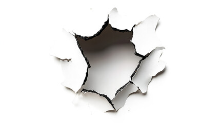 White surface with a dramatic hole revealing a dark void a sense of mystery and destruction