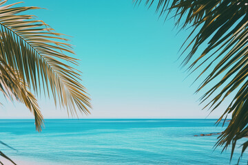 Minimal Tropical Beach View with Palm Leaves and Turquoise Sea