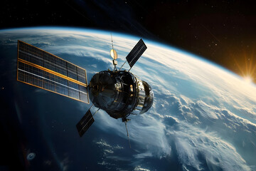 Obraz premium Space satellite with antenna and solar panels in space against the background of the earth.