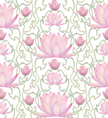 Watercolor lotus water lilies in art nouveau style