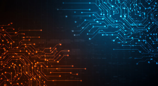 Digital Divide: Orange vs. Blue Circuit Board Tech | Innovation, Technology, & Network Security Design