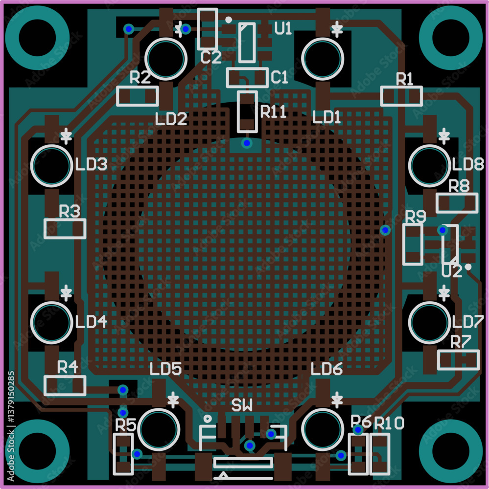 Poster vector printed circuit board of electronic device with components of radio elements, conductors and 