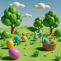 a low poly 3D art of Easter eggs in a scenic landscape