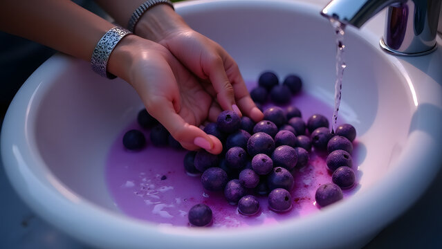 "Evening light deepens maqui berries' mystery in a white sink. Water swirls reveal purple secrets as health-focused hands judge these antioxidant gems."