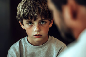 Sad boy in grey sweater listens to adult man during serious emotional parent-child conversation indoors, closeup moment