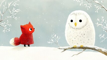   A snow-covered tree branch hosts a white owl and red fox