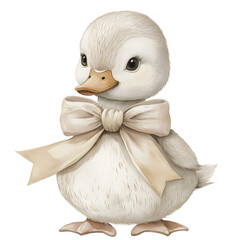 watercolor baby duck with a beige bow neutral colors beige isolated on white background