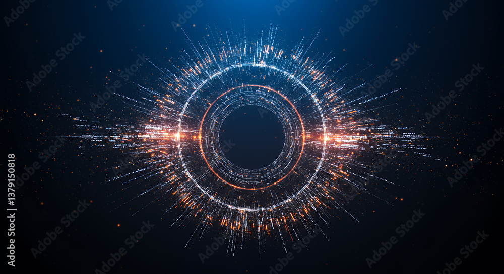 Poster abstract data burst: digital rings & particle stream technology background. cyberpunk, sci-fi, hud e