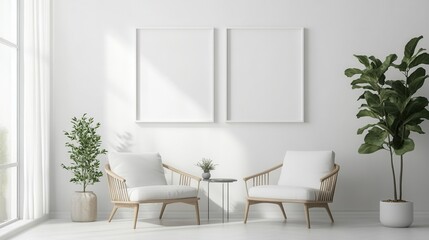 Blank picture frame mockup on white wall. White living room design. View of modern scandinavian style interior with artwork mock up on wall. Home staging and minimalism concept.