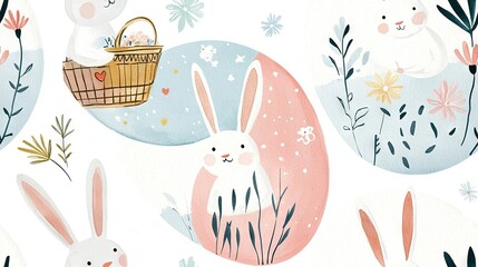   Rabbits and Flowers on White Background with Eggs and Carrots Baskets