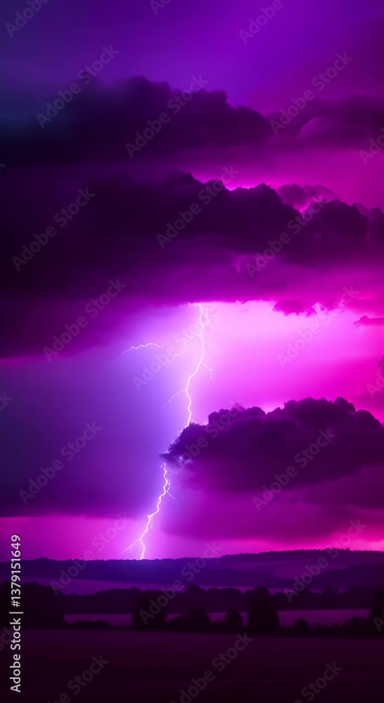 Poster lightning strikes in an open field with gloomy clouds sunset in the background pink and grey skies v