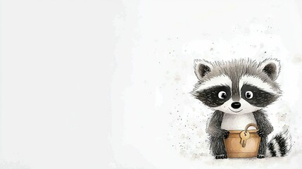   A drawing of a raccoon holding a bucket of honey on a white background with a space for text