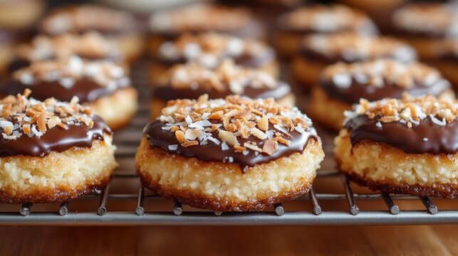 Dark chocolate donuts, generously coated in toasted coconut, sit on a wire rack. A sweet, tempting treat!