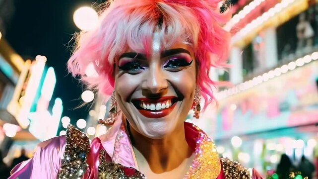 Vibrant street video scene with a close-up, low-angle shot of a smiling person with pink hair, capturing nightlife energy and neon lights.