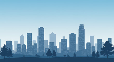 Fototapeta premium Cityscape Silhouette: Urban Blue Dreams | Modern City Skyline Vector Art, Trees, Calm Scene | Serene Background for Design Projects