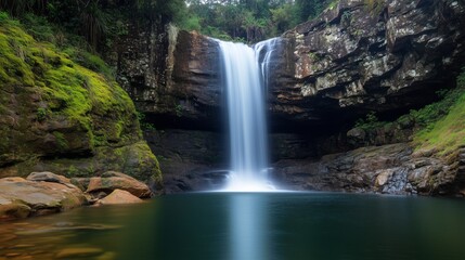Tranquil waterfall in lush green forest with rocky cliffs and clear pool