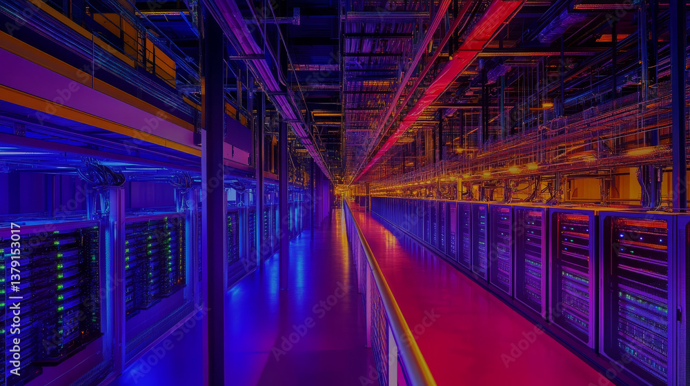 Poster shot of a corridor in large working data center full of rack servers and supercomputers.