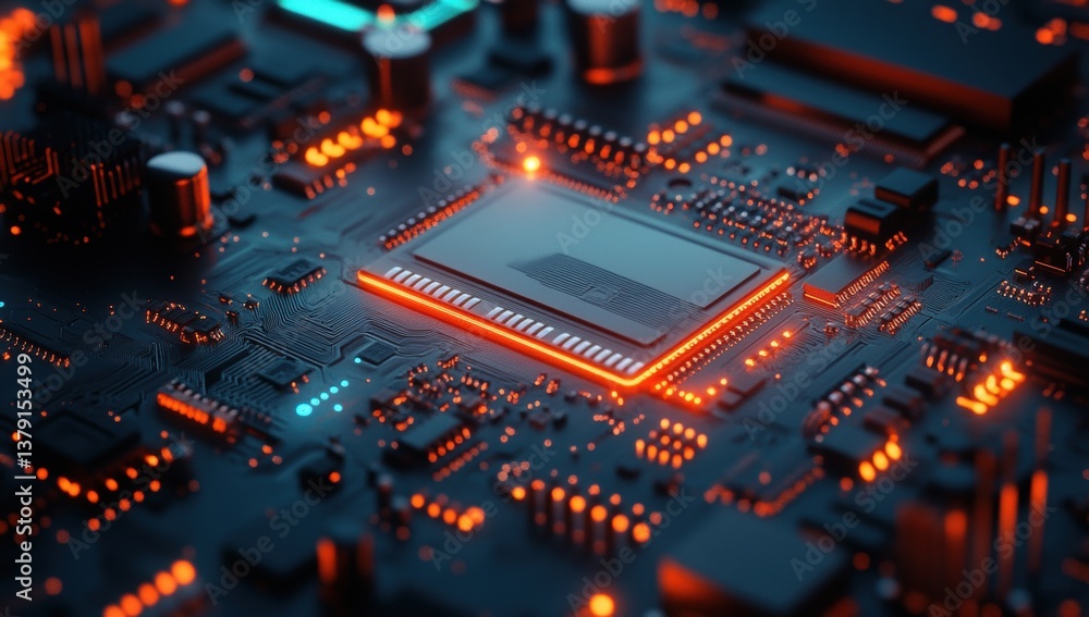Poster close-up view of a circuit board with a central microprocessor chip, highlighted with vibrant orange